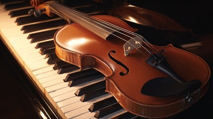 Fototapeta premium Elegant arrangement of classical instruments, violin and piano keys glowing with timeless musical charm.