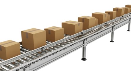 Cardboard boxes moving along a conveyor belt system for efficient automated logistics and transportation industry supply chain operations