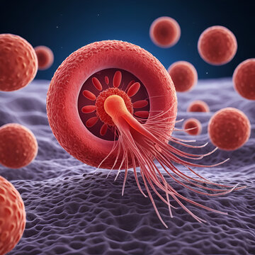 The malaria-infected red blood cell. 3D illustration showing parasite Plasmodium malariae in the schizont stage