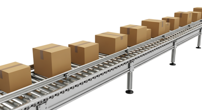 Cardboard boxes moving along a conveyor belt system for efficient automated logistics and transportation industry supply chain operations