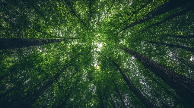 Forest canopy trees looking up green nature woods foliage environment scenic landscape view from below
