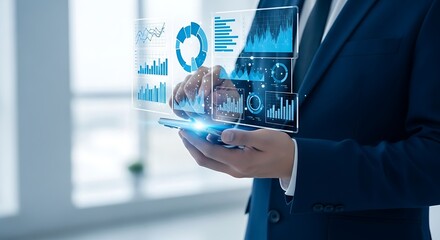 Photo of businessman analyzing financial data on a mobile phone with virtual interface