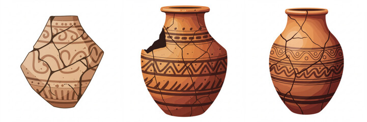 Set of three illustrations - ancient ceramic jugs with decorative patterns and cracks and a fragment of a vase, for archaeological research, historical education and promotion of cultural heritage 