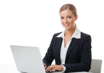 Smiling businesswoman working on a laptop isolated on transparent background
