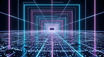 Futuristic neon tunnel of glowing blue and pink rectangular frames receding into a digital grid landscape.
