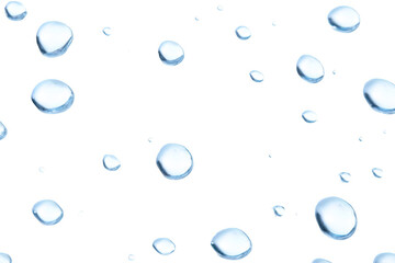 A large number of small blue water droplets scattered across a white background