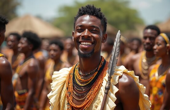 Smiling African man wears traditional beaded jewelry, clothing, holding ceremonial spear. Confident, charismatic expression. People in traditional attire surround, suggesting cultural event