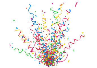 Fototapeta premium Colorful confetti streamers exploding on black background celebration