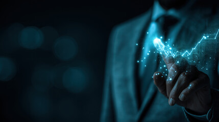 Businessman in suit interacts with digital graph, showcasing growth and innovation. futuristic interface highlights data analysis and technology, creating sense of progress and opportunity