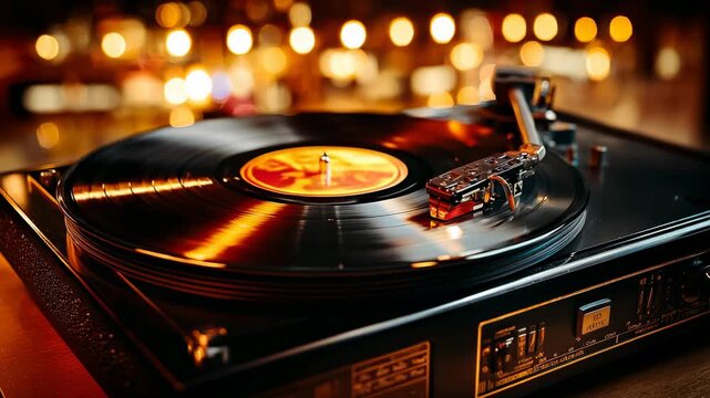 Vintage vinyl record spinning on turntable with warm glowing lights, retro music atmosphere at night