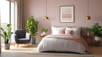 Cozy Bedroom Interior With Soft Pink Walls, Green Plants And Modern Furnishings In Natural Light