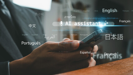 AI assistant translation technology with multilingual interface, smartphone and laptop usage, modern global communication, language learning, and business digital innovation.
