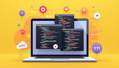 A laptop screen showcases lines of code alongside various interface icons, representing the world of programming.