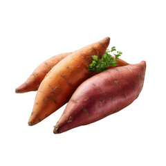 A variety of sweet potatoes featuring orange and purple hues, freshly harvested with green leaves, isolated against a white background.