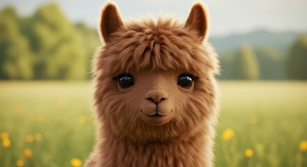 Obraz premium A close-up portrait of a fluffy, brown llama with large, expressive eyes. It stands in a grassy field with a blurred green background