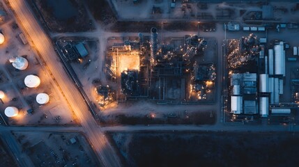 Aerial view of a sprawling industrial chemical refinery complex  long title Overhead aerial view of a large sprawling industrial chemical refinery