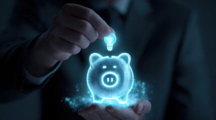Digital piggy bank investment concept financial growth light bulb savings business technology innovation finance money management futuristic hologram economy wealth planning strategy entrepreneur