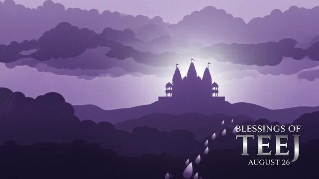 Purple twilight castle silhouette: mystical clouds and raindrops at teej festive evening