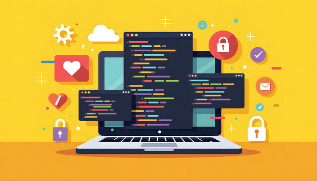 Laptop displaying code with security and social media icons on a vibrant background.