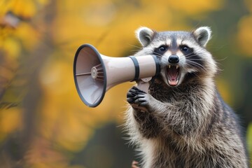 Raccoon holding megaphone and making announcement in autumnal forest, communication concept