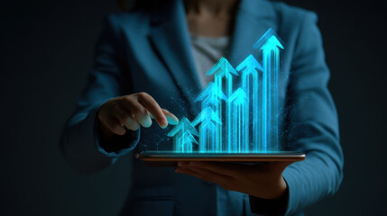 Business professional interacts with digital tablet displaying glowing upward arrows, symbolizing growth and progress in modern, tech driven environment. image conveys innovation and success
