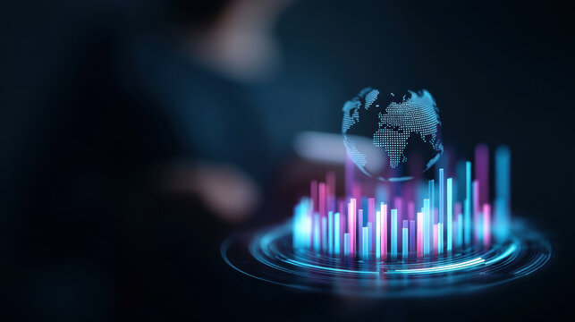 Digital globe with data visualization, representing global connectivity and analytics. vibrant colors of data bars create dynamic atmosphere, emphasizing importance of data in modern technology