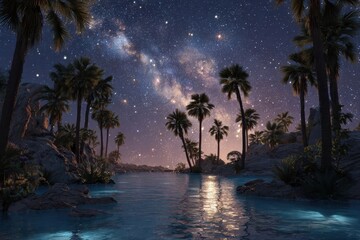 Tropical Lagoon Under Starry Night: Palm Trees, Milky Way Reflection