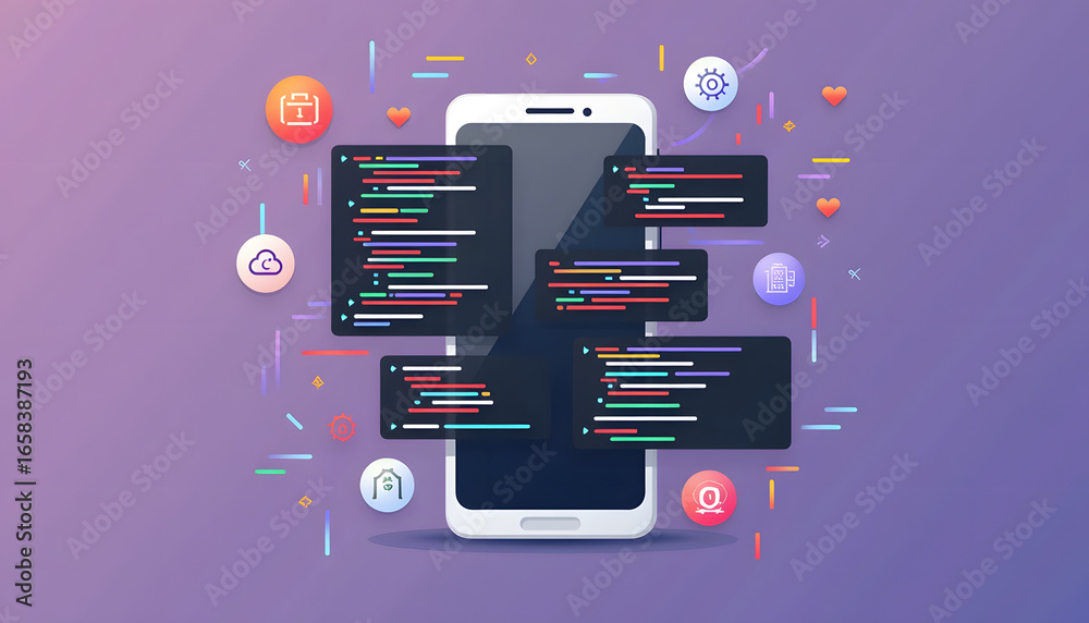Wall mural mobile app development concept with code windows and design elements, set against a purple backdrop.