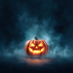 Glowing halloween pumpkin jack o lantern with scary face in smoke on dark night background