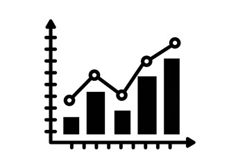 A black and white illustration of a bar graph with a line graph overlaying the bars showing an upward trend
