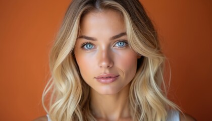 Fototapeta premium Close-up portrait of beautiful woman with wavy blonde hair, striking blue eyes against warm orange background. Natural beauty, simple elegance prominent, creating chic, minimalist aesthetic suitable