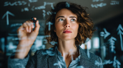Creative professional analyzing data on transparent screen, showcasing determination and focus. environment suggests modern office setting, emphasizing innovation and problem solving