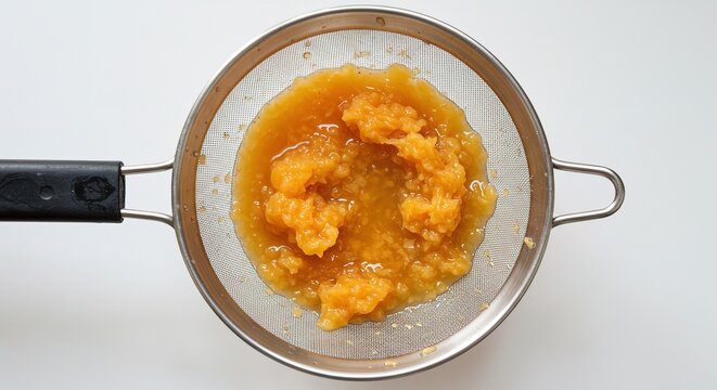 Orange mash in a metal sieve with a black handle on white gourmet, delicious, cuisine, food photography, background