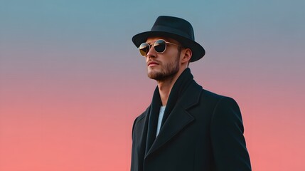 Stylish Man in Hat and Sunglasses Posing Confidently Against a Sunset Gradient Background