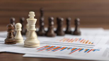 Chess pieces on financial reports symbolize strategy and decision making in business. contrast between light and dark pieces highlights competition and analysis in corporate environment