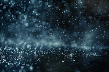 Obraz premium Rain is falling on a dark water surface at night, creating ripples and splashes, with a bokeh effect in the background