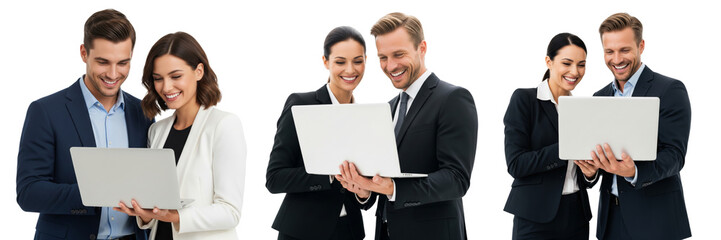 Obraz premium Group of business people holding laptop and working on laptop isolated on white or transparent background