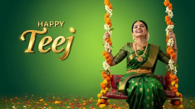 Joyful teej celebration: woman in traditional attire celebrates on decorated swing with flowers