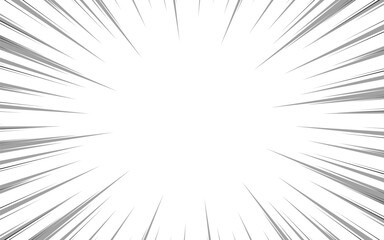 Fototapeta premium Comic book black speed line effect template with radial white background, vector illustration.