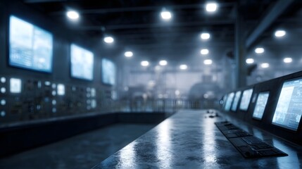Fototapeta premium Industrial control room with multiple screens and electronics