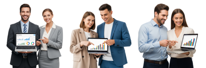 Group of business people holding laptop isolated on white or transparent background