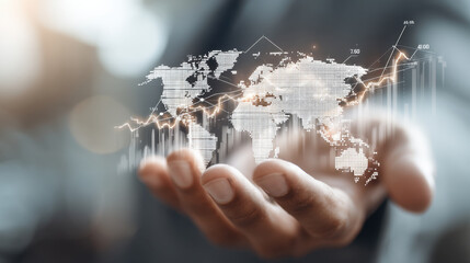 Hand holding digital world map with data visualization elements, representing global business growth and analytics. image conveys sense of innovation and technology in finance