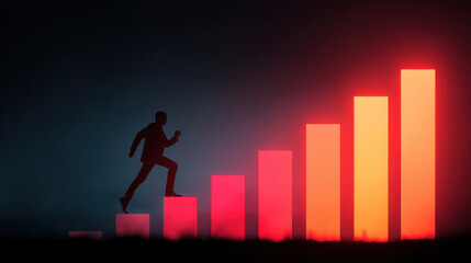 Silhouette of person climbing series of ascending bars, symbolizing growth and progress. background features gradient of dark to bright colors, enhancing sense of achievement and motivation