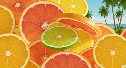 Vivid slices of citrus fruits, orange, grapefruit, lime, and lemon, overlay against a backdrop of a tropical beach, palm trees and blue sky