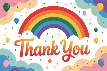 Vibrant rainbow and balloons spell out a cheerful 'Thank You', perfect for expressing gratitude and spreading joy with a festive, celebratory design.