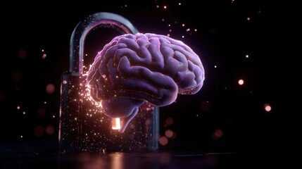 Vibrant brain emerging from padlock symbolizes unlocking of knowledge and creativity. This imaginative representation highlights connection between intellect and security, evoking curiosity