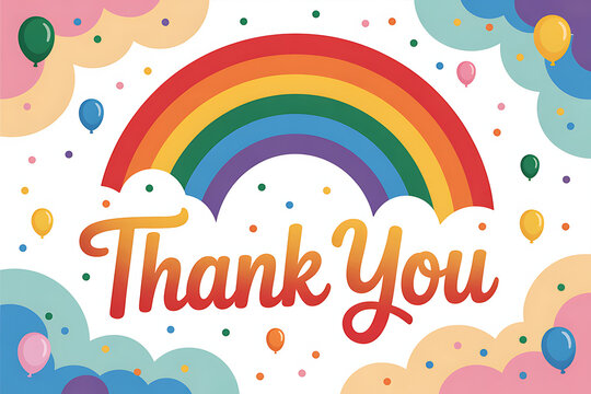 Vibrant rainbow and balloons spell out a cheerful 'Thank You', perfect for expressing gratitude and spreading joy with a festive, celebratory design.
