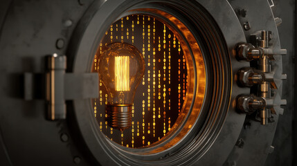 Vintage light bulb illuminates vault door, surrounded by glowing binary code, symbolizing fusion of technology and security. scene evokes sense of mystery and innovation