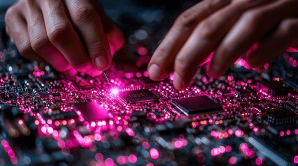 Technician Repairing Circuit Board with Pink Illumination