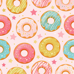 Seamless vector pattern of donuts with colorful sprinkles in pastel tones on pink background, perfect for bakery, sweets, food design, fabric, wrapping paper, and digital backgrounds.